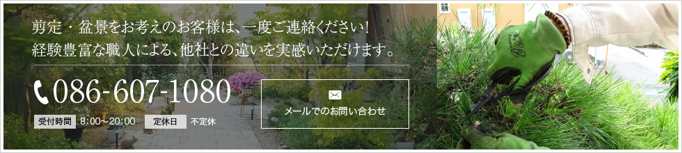 剪定・盆景をお考えのお客様は、一度ご連絡ください！経験豊富な職人による、他社との違いを実感いただけます。メールでのお問い合わせはこちらから